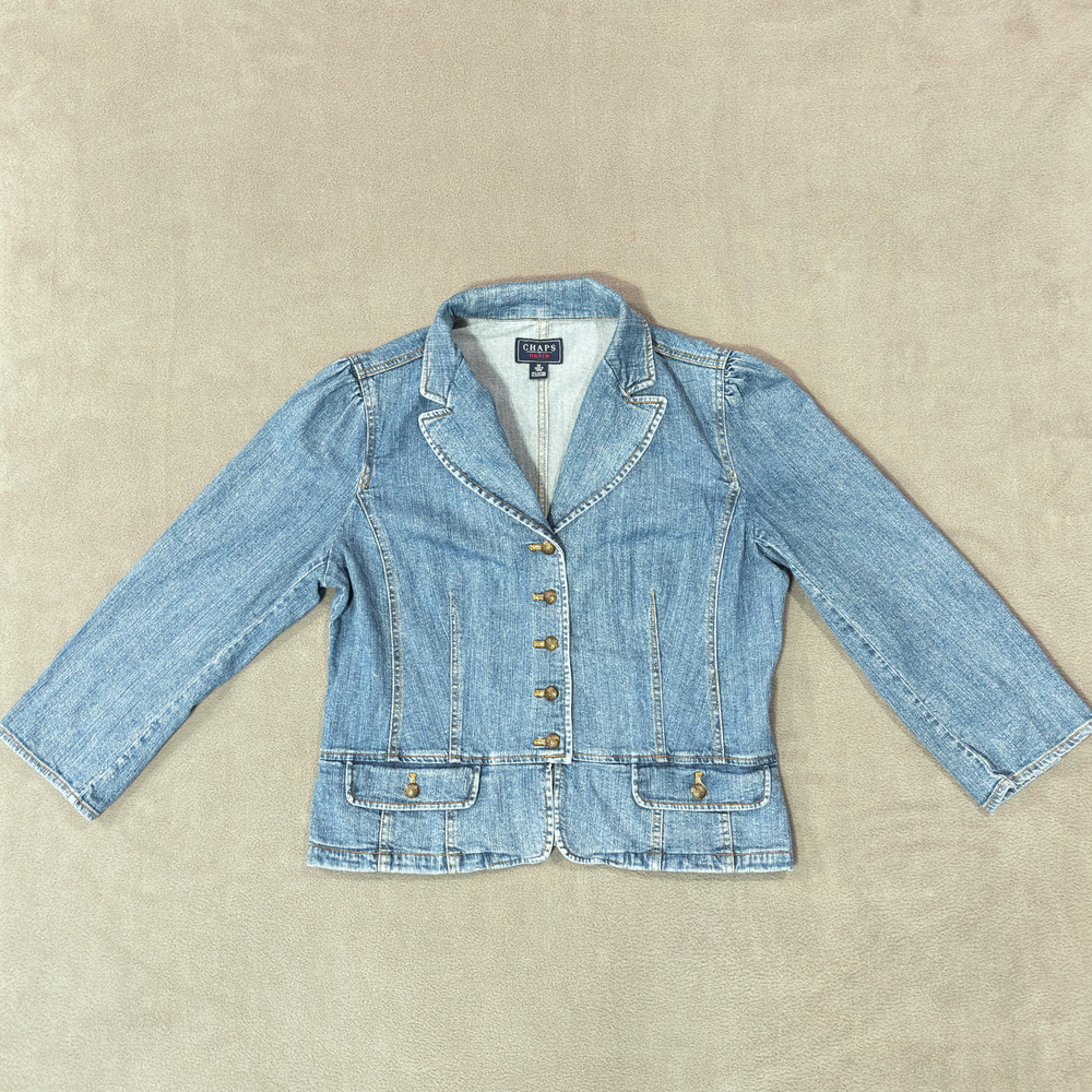 Chaps Women's Denim Jean Jacket Blazer Pockets Gold Buttons Y2K Casual Medium